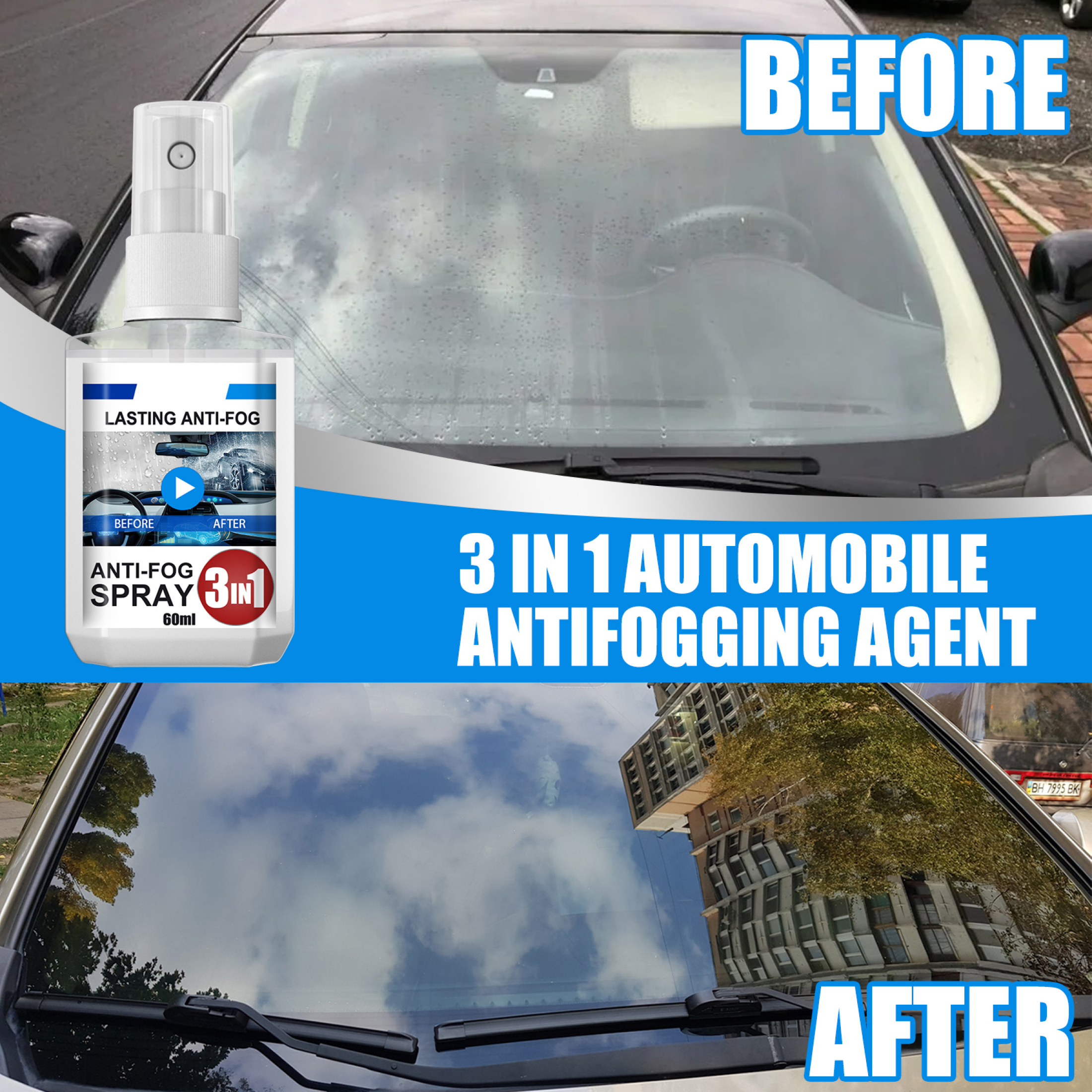 EUBUY 3-in-1 Car Glass Anti-fog Agent Rainproof Spray Detergent Automotive  Front Windshield Mirror Cleaner Oil Film Remover Liquid Detergent 